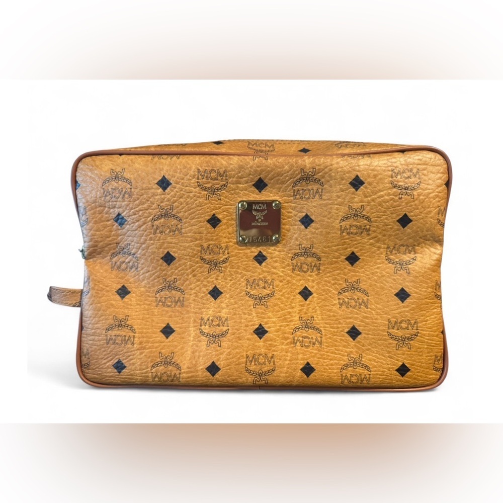 MCM Visetos Authentic Cosmetic Bag Monogram Logo Brown Clutch Bag Travel Pouch
